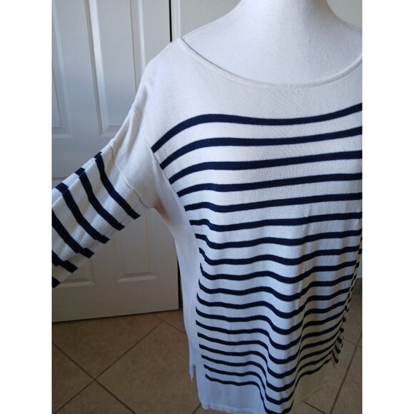 CHAPS CLASSICS Women's Top 3/4 Sleeve Navy White Striped Pullover Sweater Medium - Picture 8 of 16